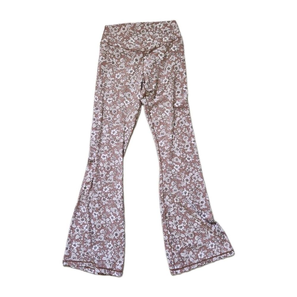 Floral Bell Bottom Pants Brown White High Rise Flare Leg Boho Womens XS/S EUC